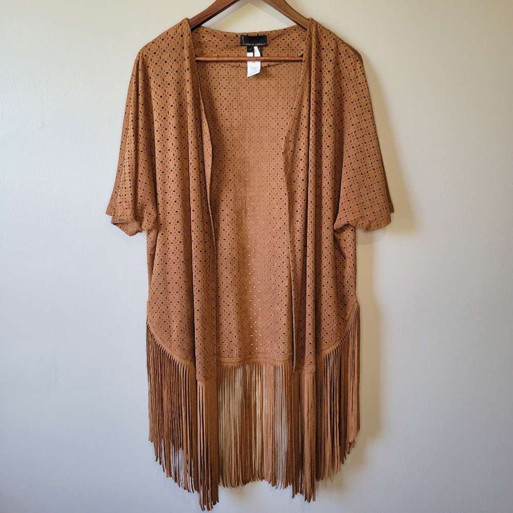 I Jeans by Buffalo Laser Cut Cardigan Fringed Faux Suede Western Boho Sz Large